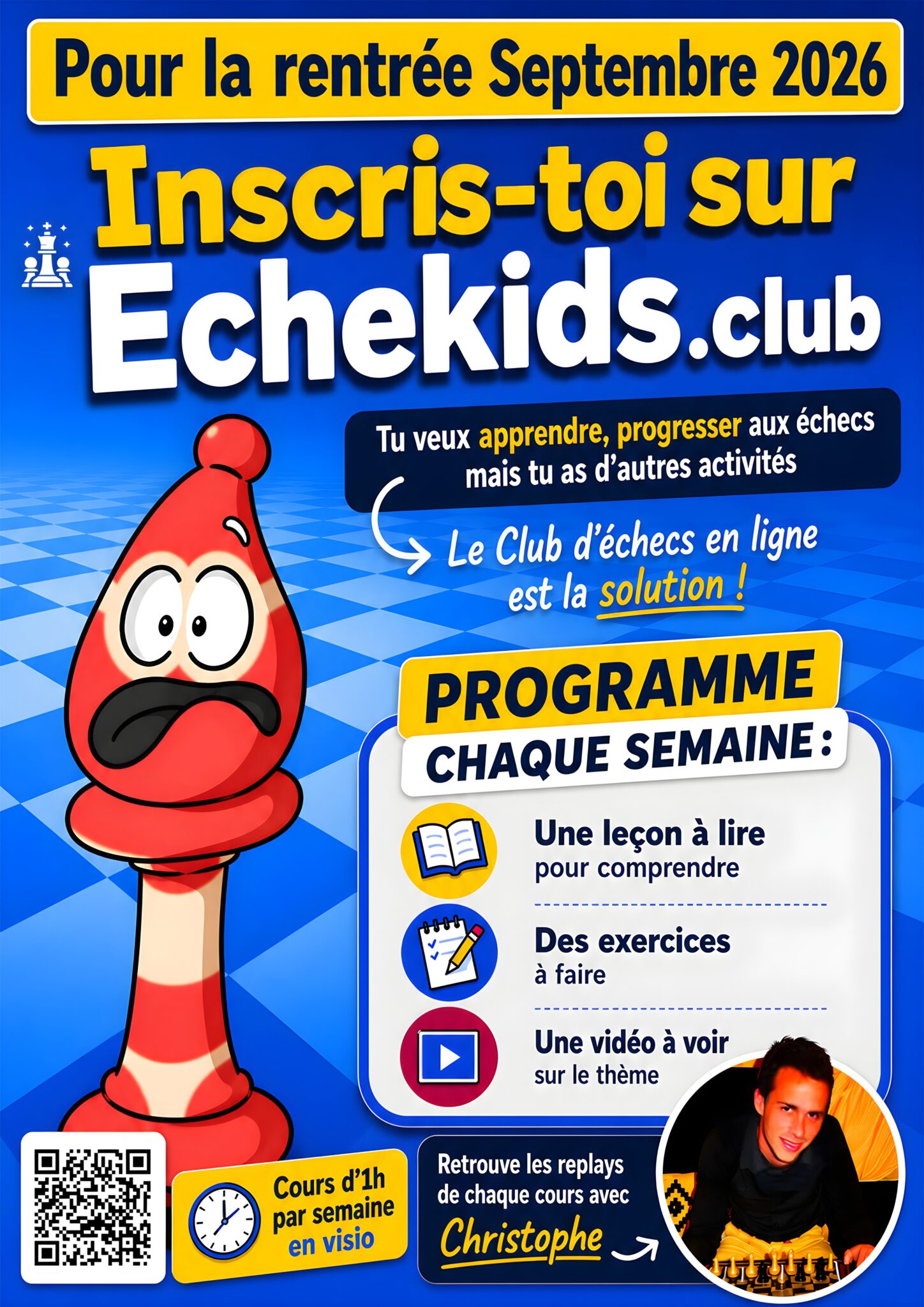 Affiche inscription rentrée septembre 2026 club d'échecs en ligne Echekids - programme hebdomadaire d'échecs enfants avec cours en visio