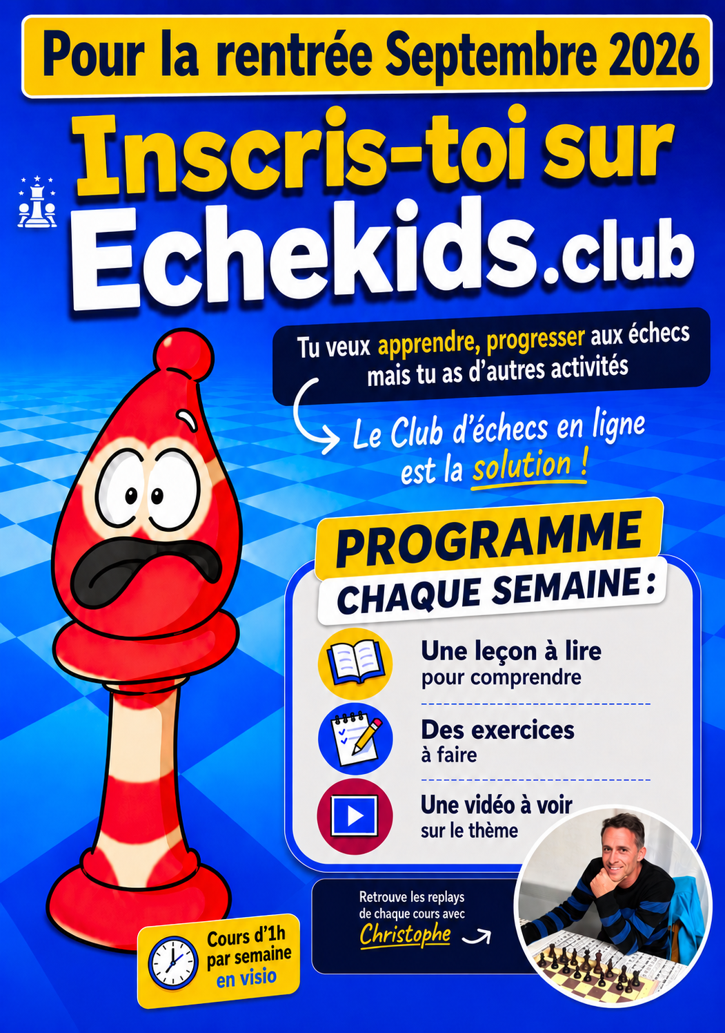 Inscris-toi sur Echekids.club pour la rentrée Septembre 2026 - programme hebdomadaire du club d'échecs en ligne