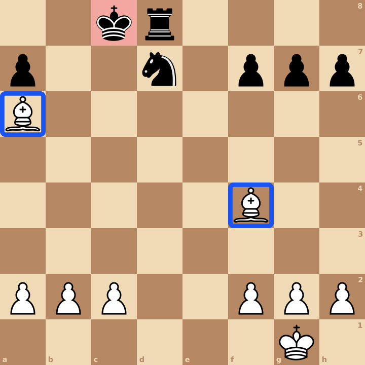 Mat de Boden aux échecs : le fou a6 fait échec et mat au roi c8, le fou f4 garde b8 et c7, les deux fous forment un X