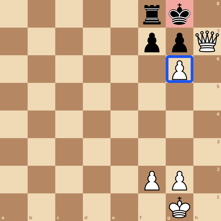 Mat de Damiano aux échecs : la dame h7, protégée par le pion g6, mate le roi noir en g8