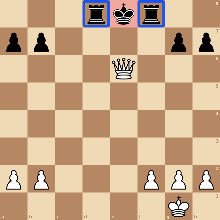 Mat des épaulettes aux échecs : la dame e6 fait échec et mat au roi noir coincé entre ses tours d8 et f8