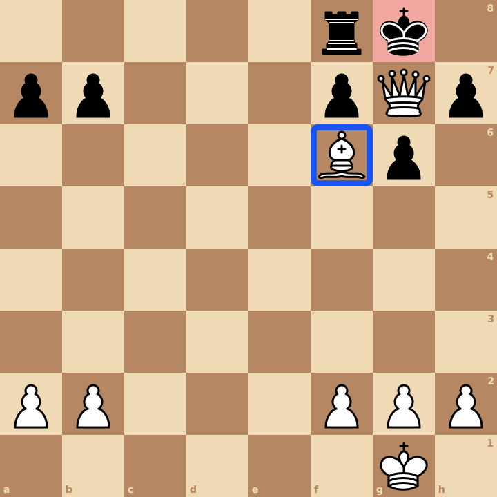 Mat du baiser de la mort aux échecs : la dame g7, protégée par le fou f6, mate le roi noir en g8