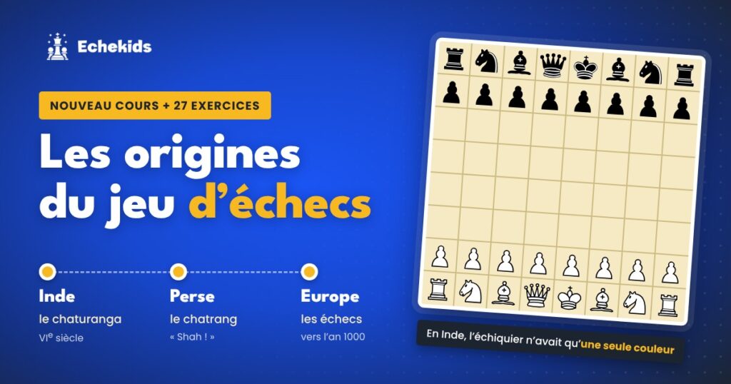 Les origines du jeu d’échecs : nouveau cours et 27 exercices Echekids, de l’Inde à la Perse puis à l’Europe
